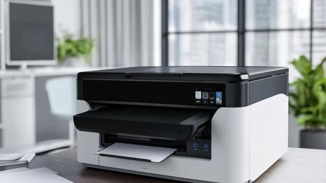 modern printer and stack of paper on the table in office
