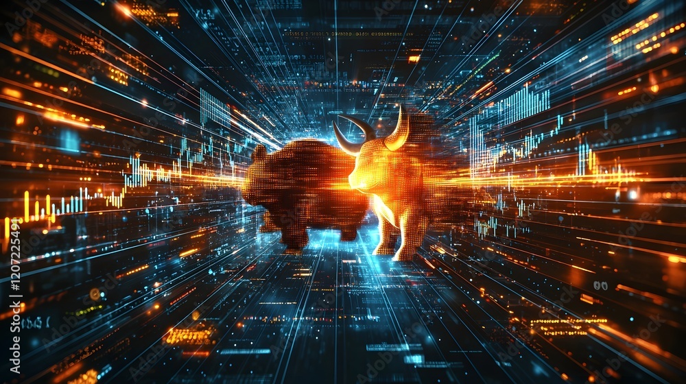 Poster dynamic and vibrant digital visualization of financial market data merging into a conceptual bull an