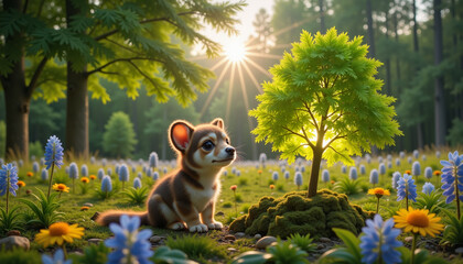 Obraz premium Cute puppy admiring glowing tree in vibrant meadow, nature magic