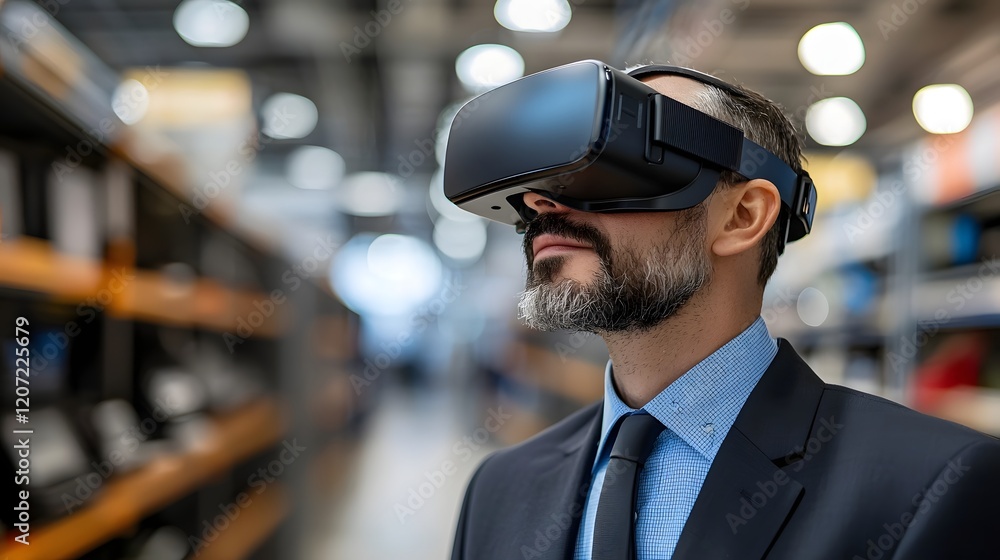 Poster businessman in suit and tie examining virtual reality displays and digital design concepts on a comp