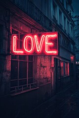 Neon sign on the building in Paris, neon text "LOVE", red light, romantic atmosphere, soft shadows