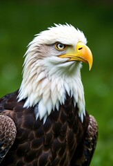 Fototapeta premium Bald eagle close up with white and dark brown feathers.