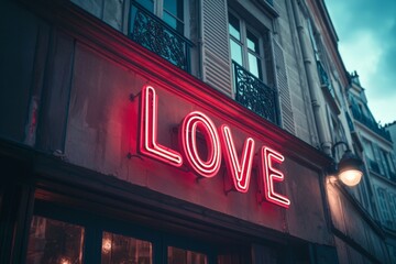 Neon sign on the building in Paris, neon text "LOVE", red light, romantic atmosphere, soft shadows