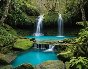 Naklejka premium Emerald Waterfall Pool in Lush Green Rainforest Paradise