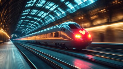 Fototapeta premium High-speed train with heart symbol speeding through a modern station at night.