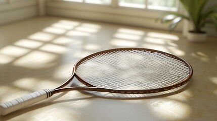 Wooden tennis racket on sunlit floor.