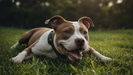 Happy Pit Bull Relaxing in a Sunny Field