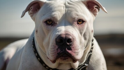 Obraz premium Close-Up Portrait of a White Pit Bull - Ideal for Pet Photography and Stock Images