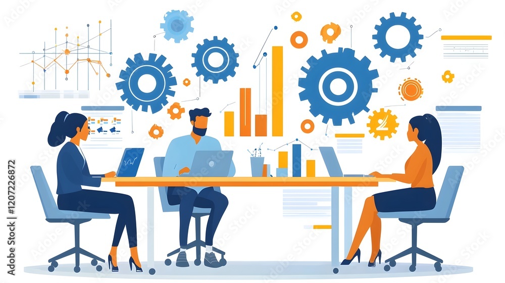 Poster professional team working together in office environment organizing tasks analyzing data and setting