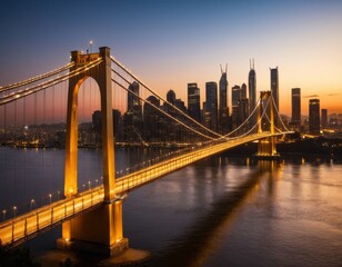 Fototapeta premium Golden Suspension Bridge over City Skyline at Sunset