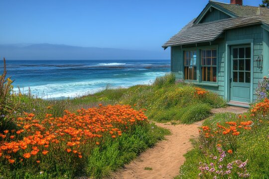 Seaside cottage with large windows overlooking the ocean, waves gently crashing on the shore, surrounded by coastal flowers and a sandy path leading to the water.