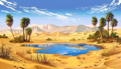 A picturesque desert oasis with palm trees, a small lake reflecting the blue sky, and sand dunes stretching out in the distance.
