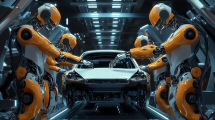 Fototapeta premium Advanced Robots Assembling a Car in a Futuristic Factory