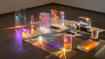 A physics experiment setup with prisms, light sources, and colorful reflections displayed
