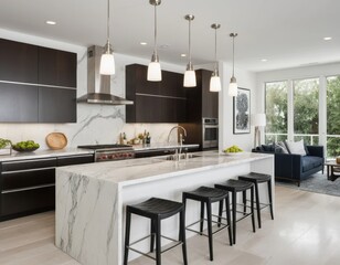 Fototapeta premium Modern kitchen interior design with marble island and dark cabinets