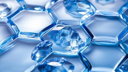 Close-up of Blue Hexagonal Crystals with Sparkling Reflections