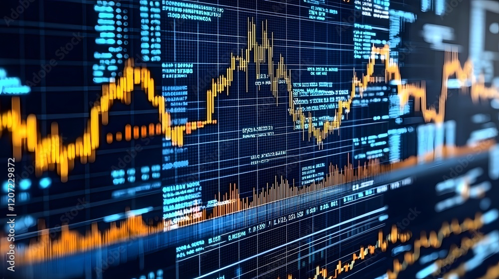 Poster a complex digital background featuring overlapping market graphs charts and data visualizations with