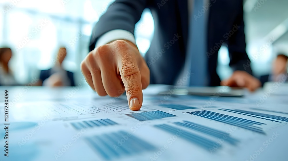 Poster close up view of a businessperson s hand pointing at a chart or graph during a brainstorming discuss