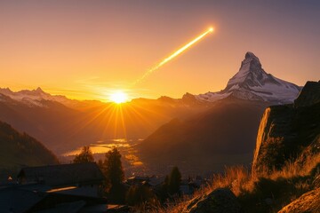Naklejka premium Beautiful sunrise in Norway - lofotens. Beautiful simple AI generated image