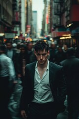 Obraz premium A businessman, wearing a white shirt and black suit, standing on the street surrounded by people moving quickly around him. With a city background, cinematic style.