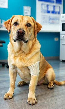 A dog with a bandaged arm sits in a room with a blue wall. The dog appears to be in pain or discomfort, as it is holding its arm up. The room is likely a veterinary clinic