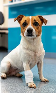 A dog with a bandaged leg sits on a floor. The dog is looking at the camera