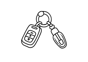 Car Key with Keychain: A simple line drawing illustration of a modern car key attached to a keychain. Clean and minimalist style, perfect for website icons, app design, or general automotive themes. 