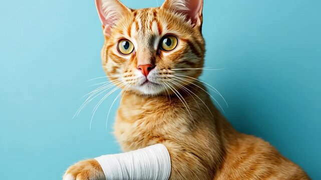 A cat with a bandaged arm is sitting on a blue wall. The cat's eyes are wide open, and it is looking at the camera