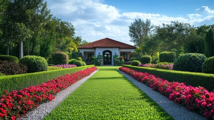 Beautifully landscaped front yard of private house featuring neatly trimmed hedges, vibrant flower beds, manicured lawn design includes a small pathway leading to the entrance with decorative bushes
