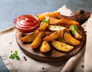 Fried potato wedges served with ketchup