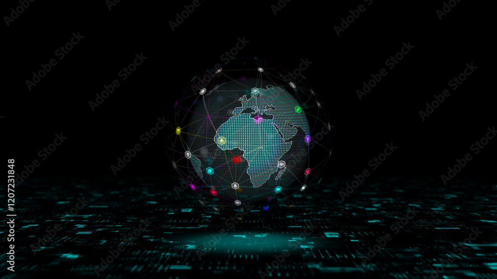 Poster blue technology icon and hexagon shape with earth sphere rotation on futuristic abstract background 
