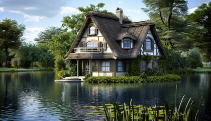 Fototapeta premium A charming thatched-roof cottage sits on a small island in a tranquil lake, surrounded by lush greenery and blue skies.