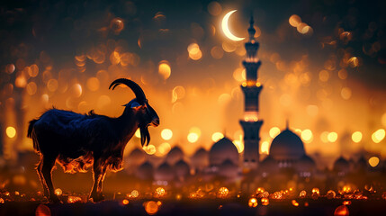 Goat silhouette in front of the mosque for eid al adha mubarak.