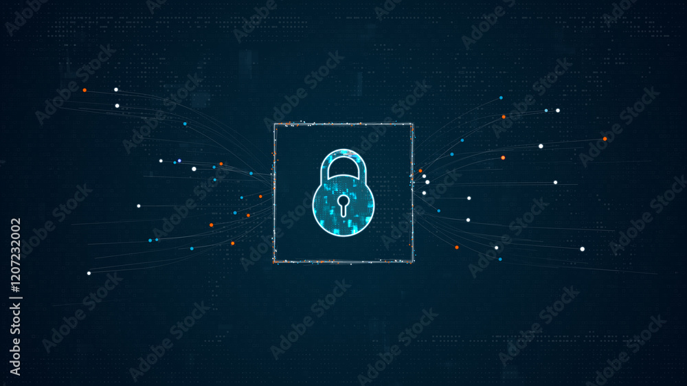 Poster blue digital security key logo with particles dot spread on abstract background with network firewal