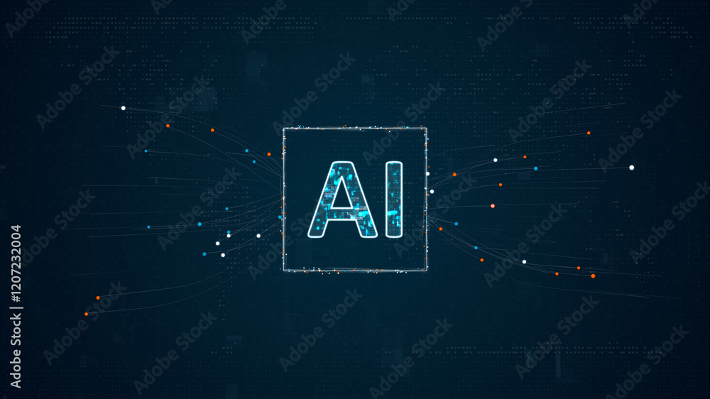 Poster blue digital ai assistant logo with particles dot spread on abstract background with ai chatbot and 