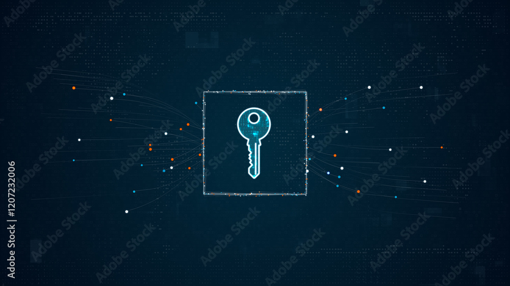 Poster blue digital security key logo with particles dot spread on abstract background with network firewal