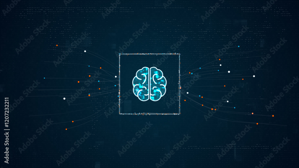 Poster blue digital brain ai assistant logo with particles dot spread on abstract background with ai chatbo