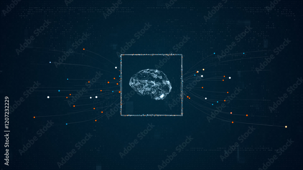 Poster blue digital brain ai assistant logo with particles dot spread on abstract background with ai chatbo