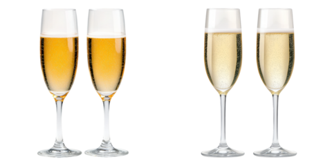 Two pairs of elegant champagne glasses filled with bubbly drinks, showcasing a mix of golden and pale yellow hues.