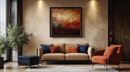 Accent armchair near stylish sofa against beige stucco wall with wall art frame in modern living room