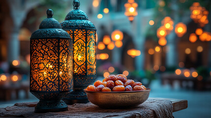 A bowl of dates next to an intricate lantern.