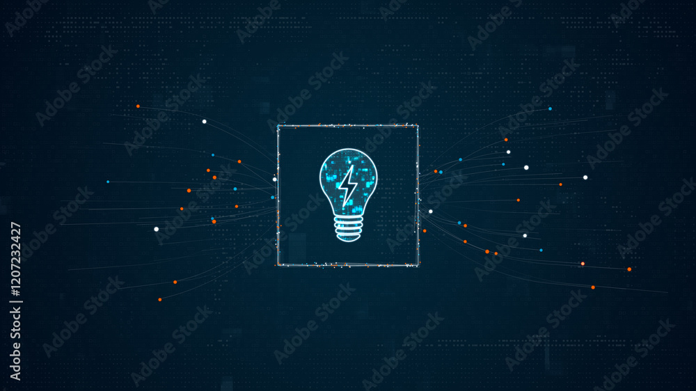 Poster blue digital lamp logo with particles dot spread on abstract background with light bulb and ideas co