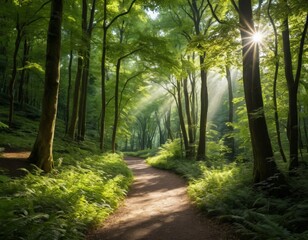 Obraz premium Sunbeams Illuminate Serene Forest Path with Lush Green Ferns and Trees
