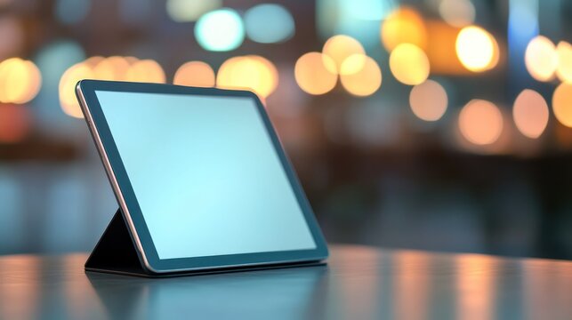 Blank tablet screen cafe night mockup