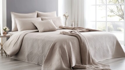 A king-size bed cover in soft beige tones, paired with matching shams and a cozy throw blanket in a Scandinavian-style bedroom