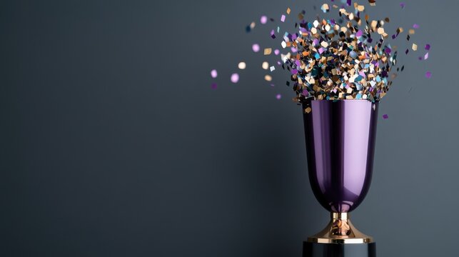 A vibrant purple trophy surrounded by falling confetti against a sleek gray background signifies celebration and victory.