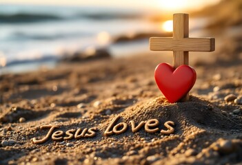 Wooden cross with red heart on beach sand with 'Jesus loves' text written at sunset. Christian faith symbol, religious message. Spiritual beach scene for church banner, greeting card