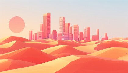 A stylized cityscape emerges from a vast desert landscape, with a large sun setting in the distance.
