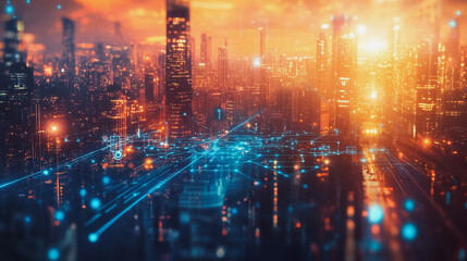 abstract professional business team people connection of line from nail node to node on Smart digital cityscap and skyline background , Innovation networking concept