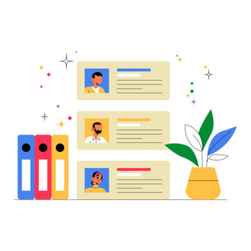 Employee Profiles Displayed With Office Supplies In Flat Vector Illustration Symbolizing Recruitment, Job Analysis, And Talent Search, Isolated On White Background